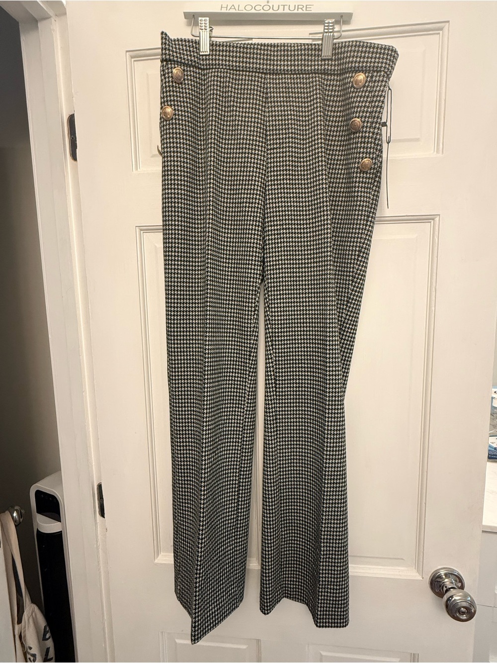 Meg & Margot Black & White Houndstooth Wide-Leg Pants with Gold Buttons